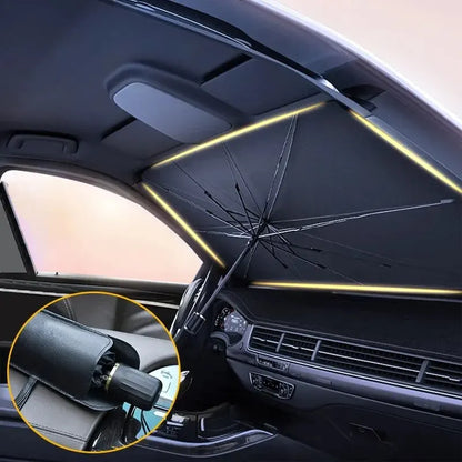 Umbrella sun shade open inside a car windshield, with a close-up of the handle