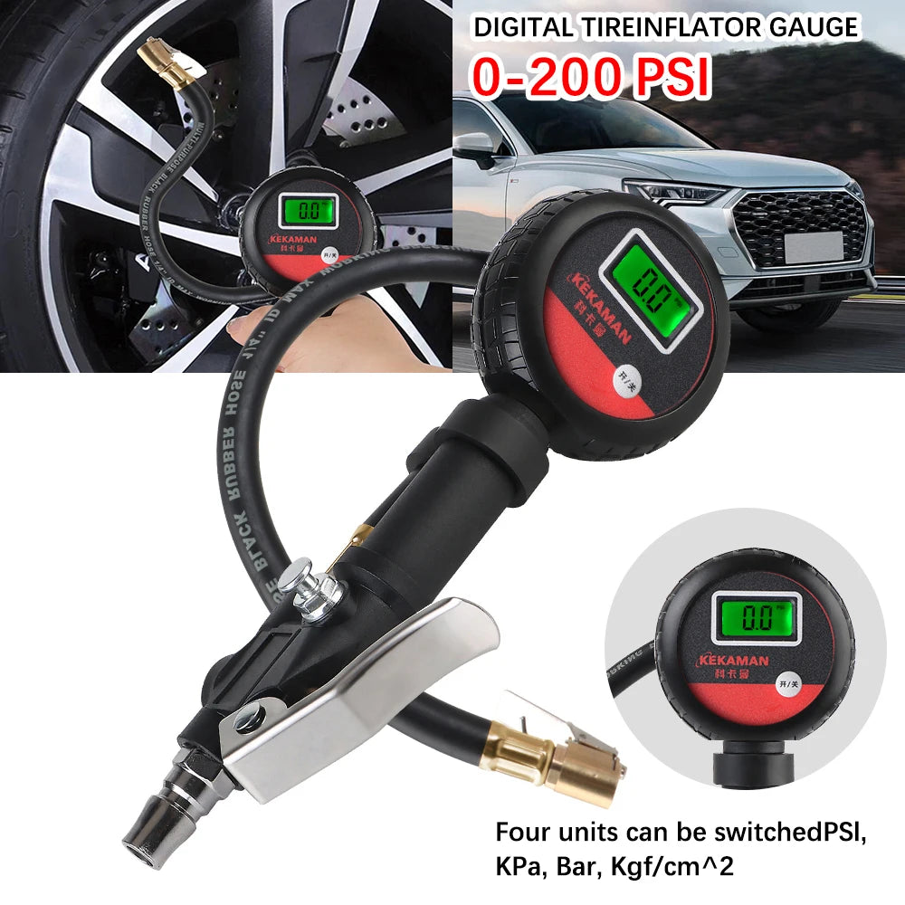 Digital tire inflator gauge, 0 to 200 PSI, with hose and brass chuck