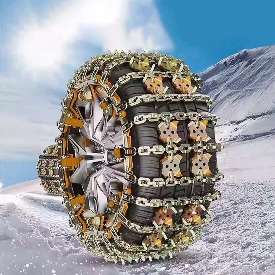 Steel snow chain straps installed on a car tire in the snow