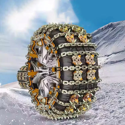 Steel snow chain straps installed on a car tire in the snow
