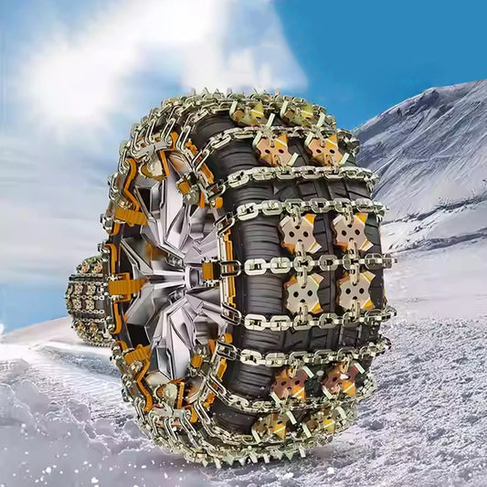 Steel snow chain straps installed on a car tire in the snow