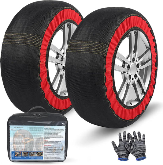 Fabric snow socks on car tires with gloves and storage bag