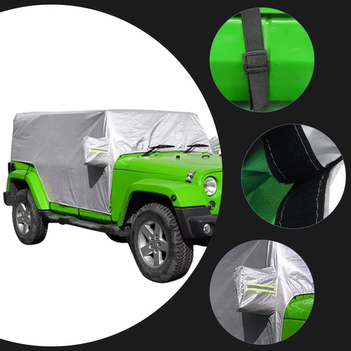 Half Car Cover for Jeep Wrangler 4-Door 2018-2021 (JL), 210T Polyester, Reflective Strips, Buckles and Storage Bag, Black or Silver