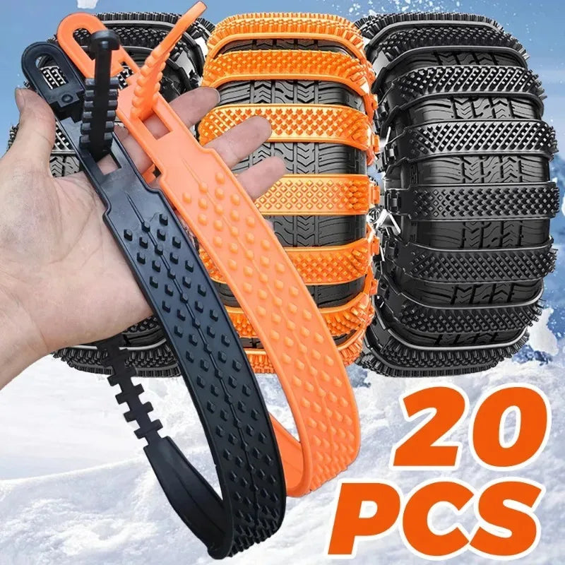 Plastic snow chain straps on car tires