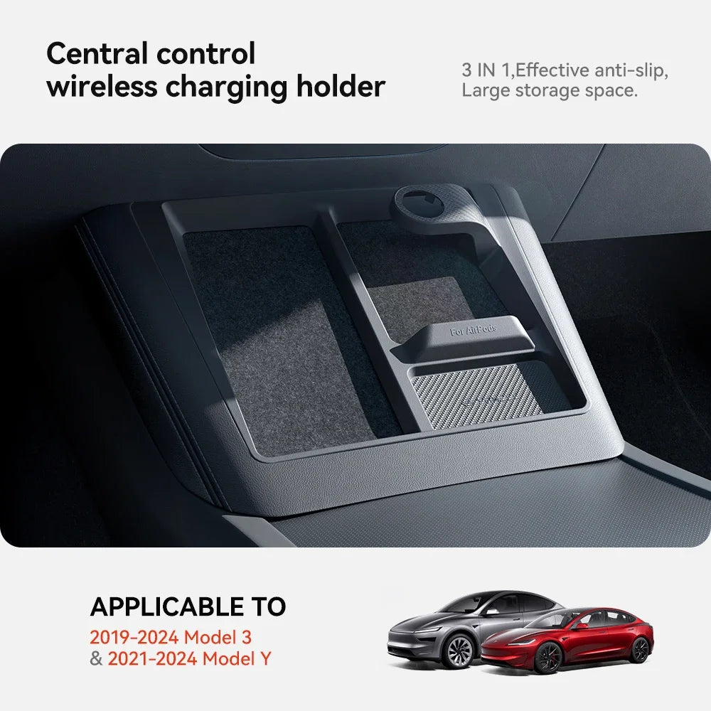 Wireless Charging Pad Frame for Tesla Model 3 Highland and Model Y Juniper, ABS Non-Slip Holder for Phones, Headphones and Watches