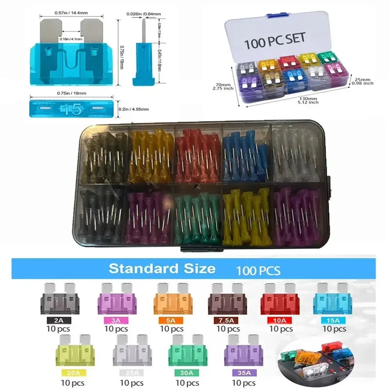 100-piece standard blade fuse kit with amp rating chart