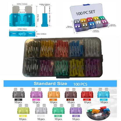 100-piece standard blade fuse kit with amp rating chart