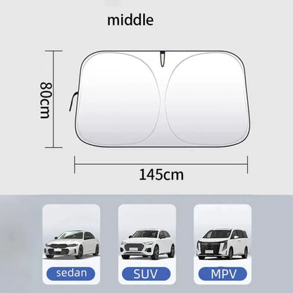 Twist-Fold Car Windshield Sun Shade with Hook-and-Loop Mirror Strap, Reflective Silver Sunshade, 2 Sizes