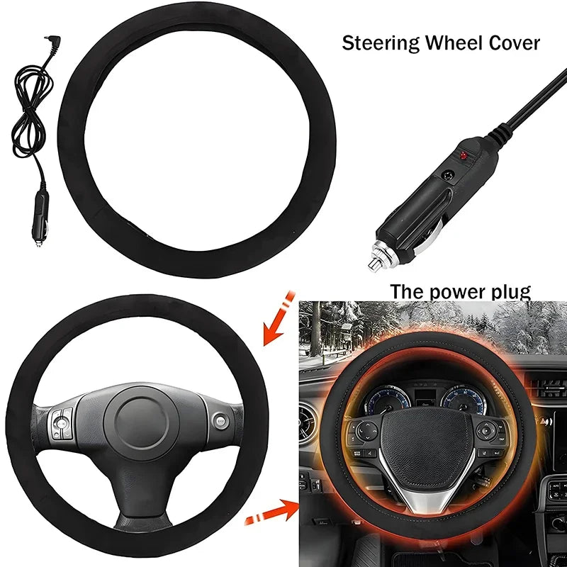 Heated Steering Wheel Cover for 14.5 to 15 Inch Wheels, 12V Plush Steering Wheel Warmer with Cigarette Lighter Plug, 1, 3, 5 or 10 Pack
