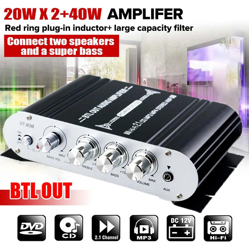 2.1 channel amplifier, 20W x 2 plus 40W, for speakers and a subwoofer
