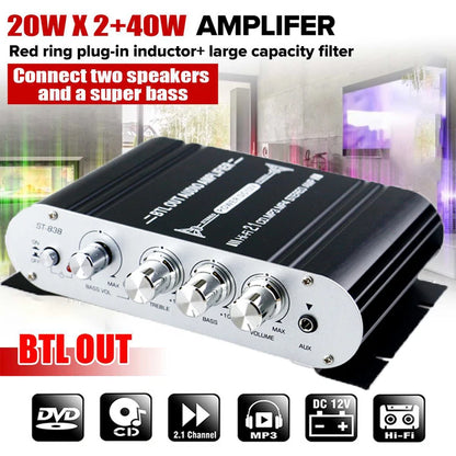 2.1 channel amplifier, 20W x 2 plus 40W, for speakers and a subwoofer