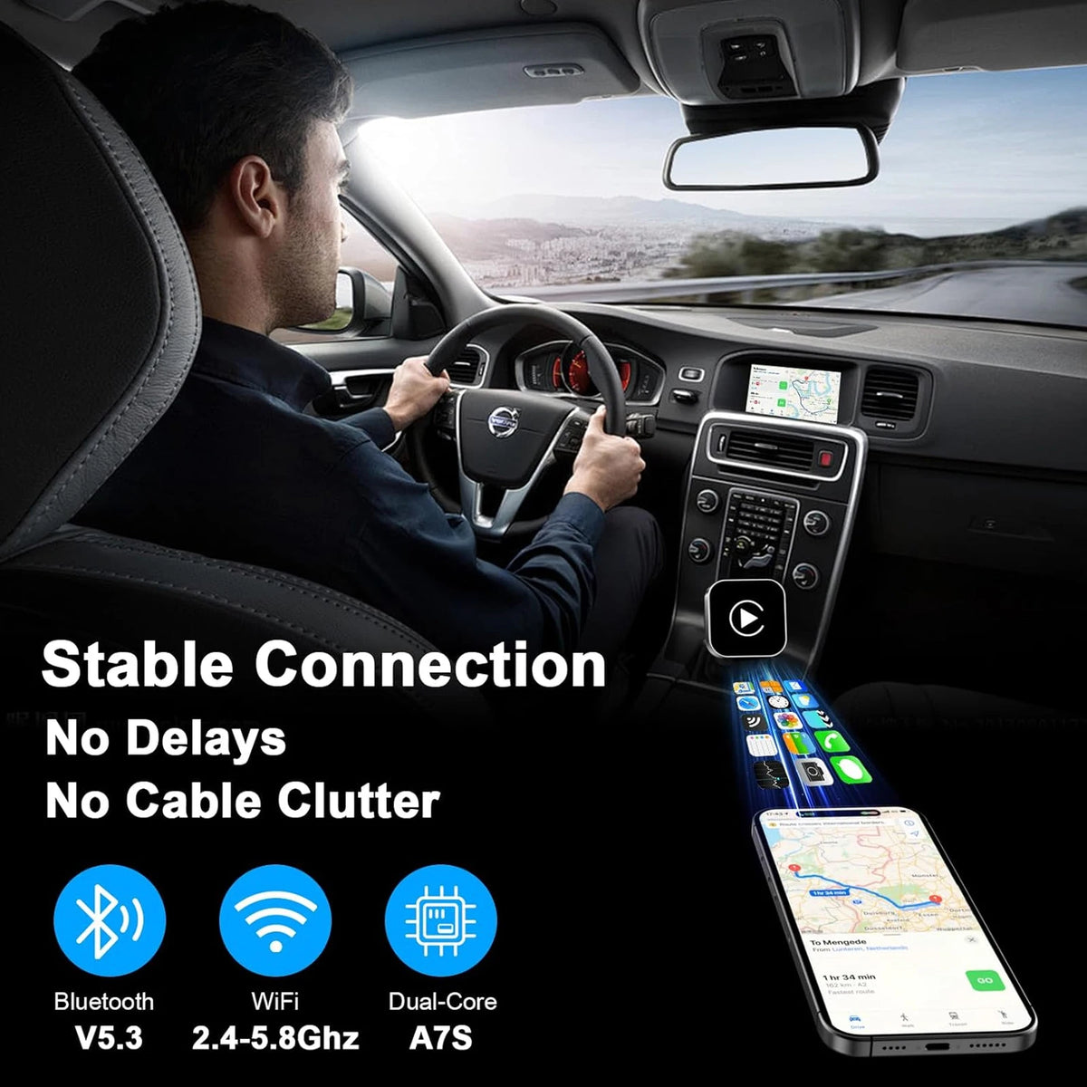 Driver using wireless CarPlay on the car screen without a phone cable