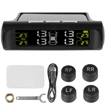 Solar Tire Pressure Monitoring System, Wireless TPMS with 4 External Sensors, Real-Time Pressure and Temperature, PSI or Bar, 15 Styles