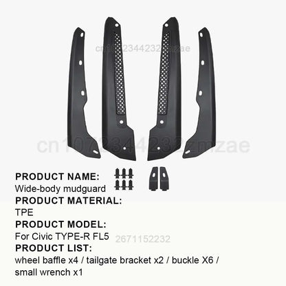 Mud Flaps for Honda Civic Type R 2022-2026 (FL5), Set of 4 TPE Splash Guards with Brackets, Clips and Wrench