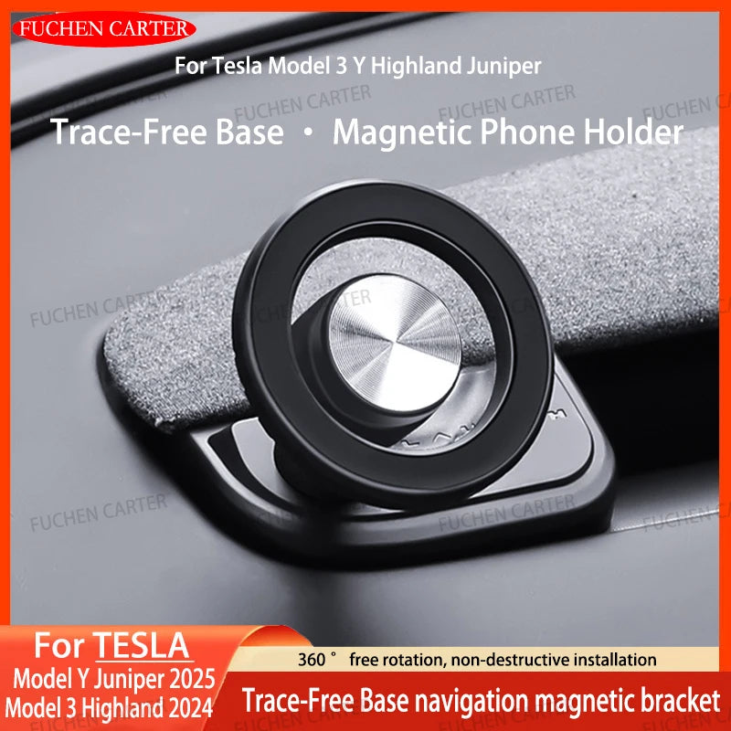 Round Magnetic Phone Mount for Tesla Model Y Juniper 2025 and Model 3 Highland 2024-2025, Snap-On ABS Holder, Rotates 360 Degrees
