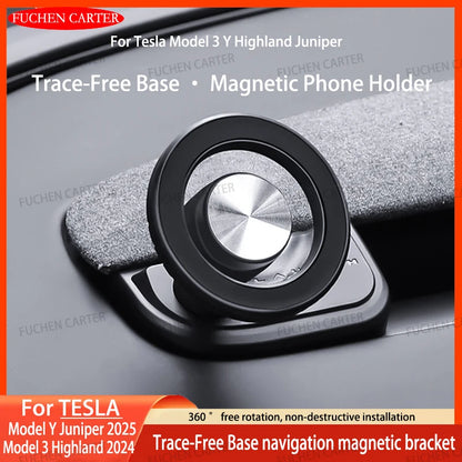 Round Magnetic Phone Mount for Tesla Model Y Juniper 2025 and Model 3 Highland 2024-2025, Snap-On ABS Holder, Rotates 360 Degrees