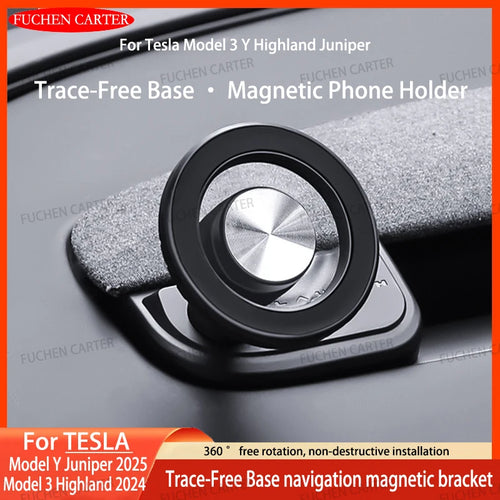 Round Magnetic Phone Mount for Tesla Model Y Juniper 2025 and Model 3 Highland 2024-2025, Snap-On ABS Holder, Rotates 360 Degrees