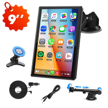 9 inch portable CarPlay screen with magnetic mount, suction cup mount and cables
