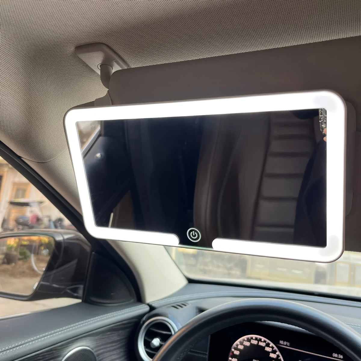 Car Sun Visor Vanity Mirror with LED Lights, Touch Control and Adjustable Brightness, Rechargeable, Elastic Strap Mount, White