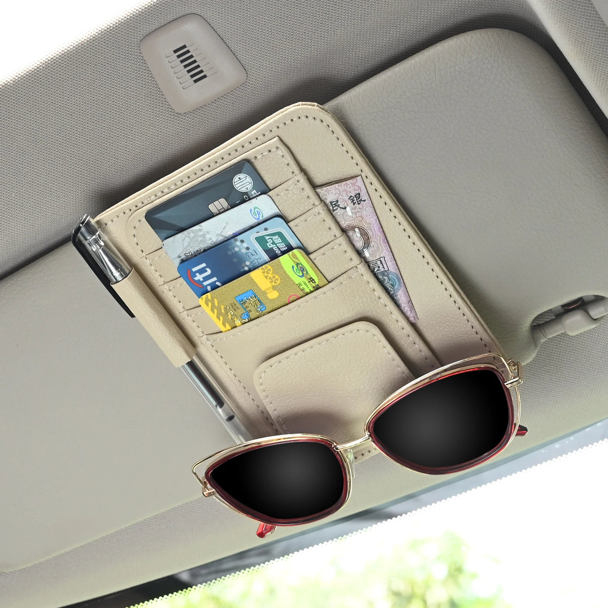 Multi-Pocket Car Visor Organizer — PU Leather Storage for Cards, Glasses & Sunshade