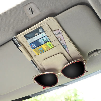 Multi-Pocket Car Visor Organizer — PU Leather Storage for Cards, Glasses & Sunshade