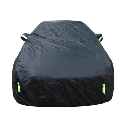 Black full car cover with reflective strips, front view