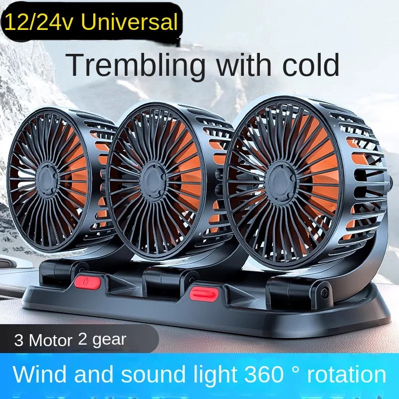 Car Cooling Fan with 1, 2 or 3 Adjustable Heads, 360 Degree Dashboard Fan with 2 Speeds, USB, 12V or 24V Plug