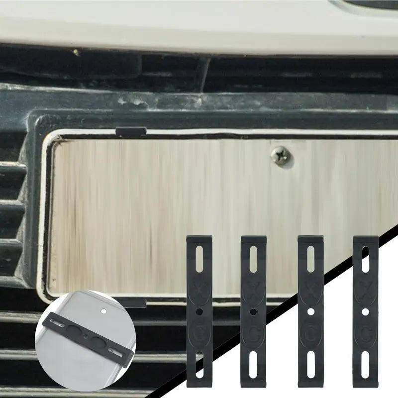Frameless license plate brackets installed behind a plate on a car