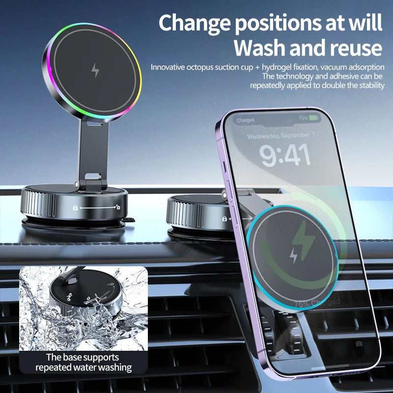 Magnetic Wireless Car Charger with Vacuum Suction Base, 15W Phone Mount with 360 Degree Rotation and RGB Light, 7 Models