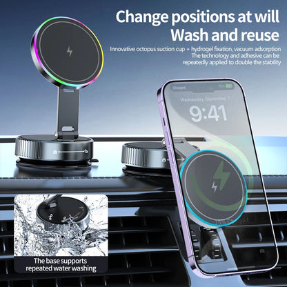 Magnetic Wireless Car Charger with Vacuum Suction Base, 15W Phone Mount with 360 Degree Rotation and RGB Light, 7 Models