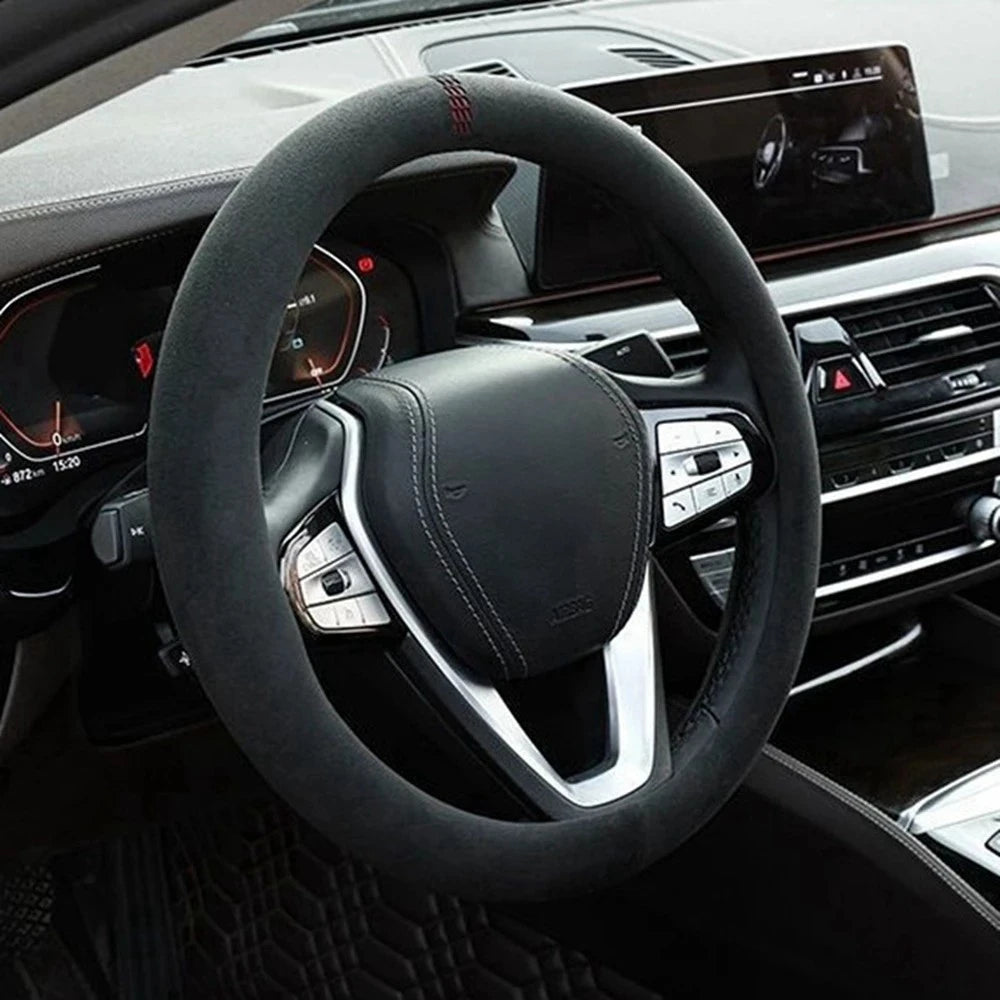 Suede steering wheel cover installed in a car