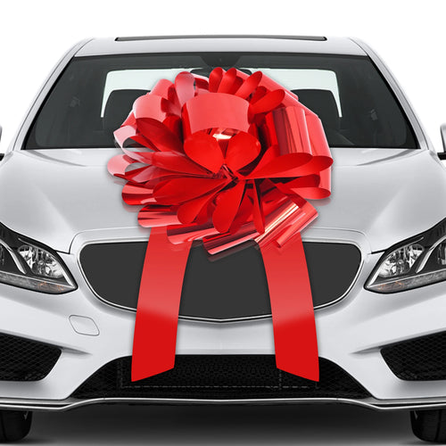 14 Inch Red Pull String Gift Bow for Cars, Bikes and Big Presents, Waterproof Metallic Ribbon for Christmas, Birthdays and Weddings