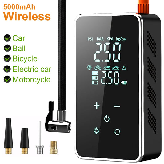 Touchscreen cordless tire inflator, 5000 mAh, with air hose and nozzle adapters