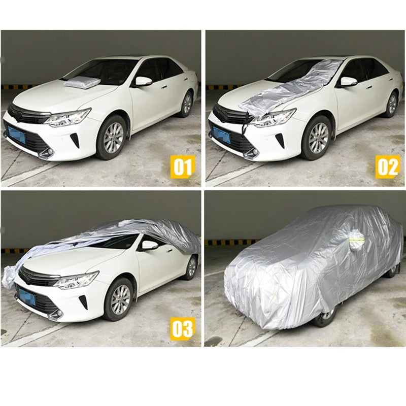 Putting the car cover on in four steps, from the hood back over the roof
