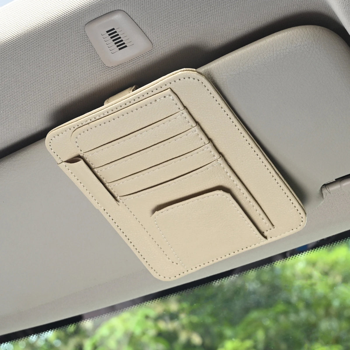 Multi-Pocket Car Visor Organizer — PU Leather Storage for Cards, Glasses & Sunshade