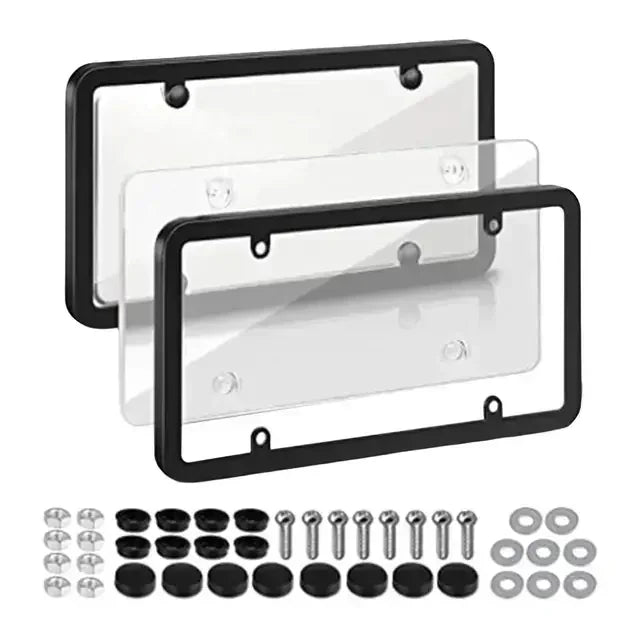 Two black license plate frames with clear covers and screw kit