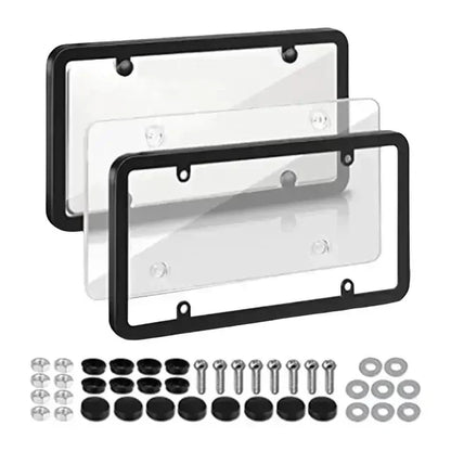 Two black license plate frames with clear covers and screw kit