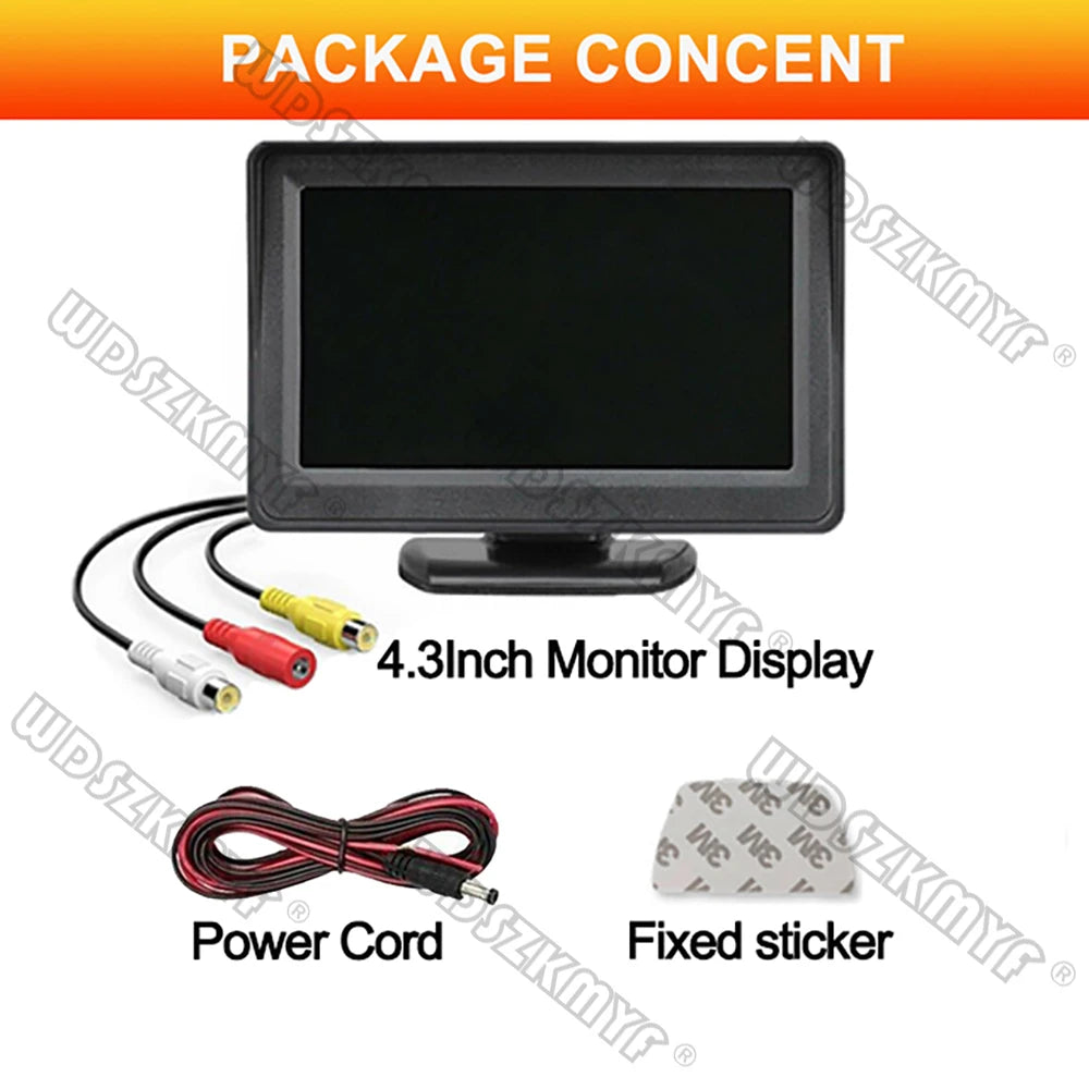 Monitor only package: 4.3 inch display, power cord and adhesive mount