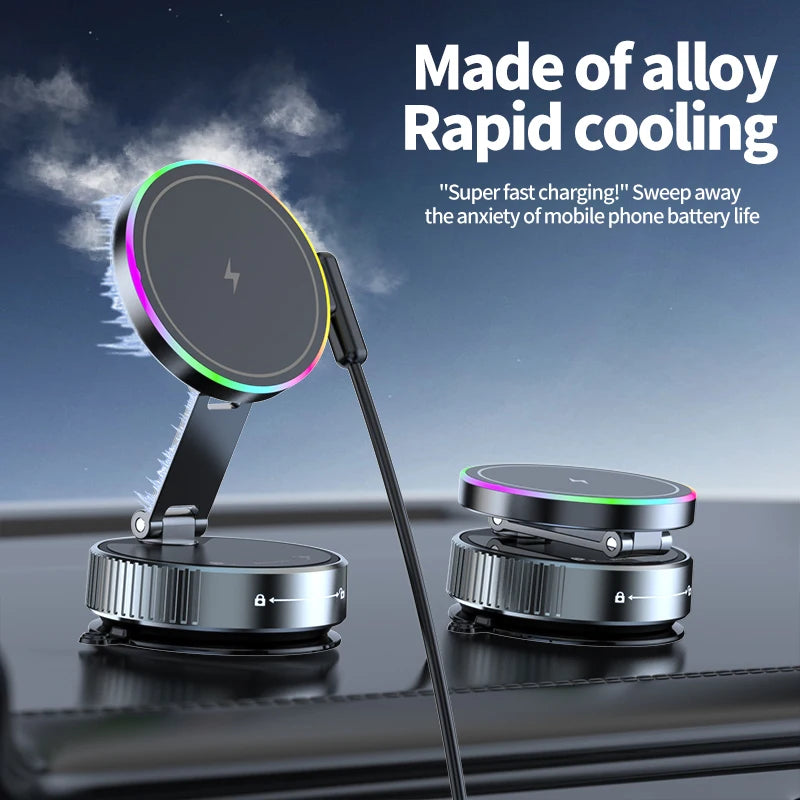 Magnetic Wireless Car Charger with Vacuum Suction Base, 15W Phone Mount with 360 Degree Rotation and RGB Light, 7 Models