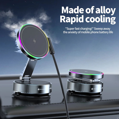 Magnetic Wireless Car Charger with Vacuum Suction Base, 15W Phone Mount with 360 Degree Rotation and RGB Light, 7 Models