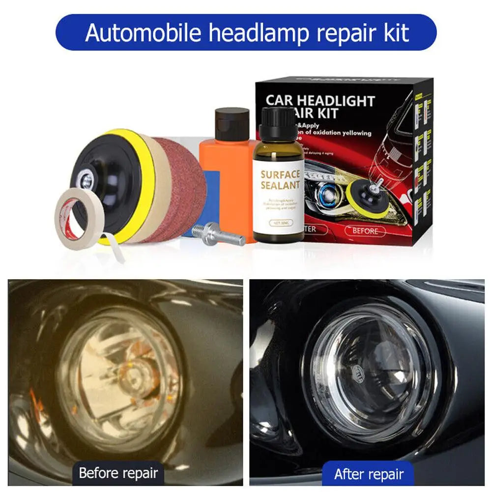 Headlight Restoration Kit with Drill Attachment, Polishing Paste, Restorer Liquid, Sanding Discs and Masking Tape
