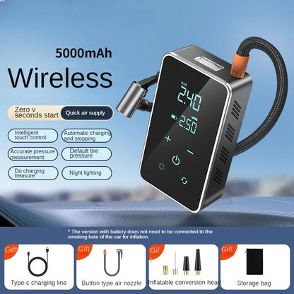 Touchscreen tire inflator with USB-C cable, air hose, nozzle adapters and storage bag