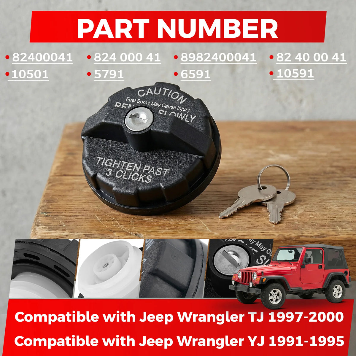 Locking Gas Cap with Keys for Jeep Wrangler TJ and YJ, Cherokee and Grand Cherokee, Black Replacement Fuel Tank Cap