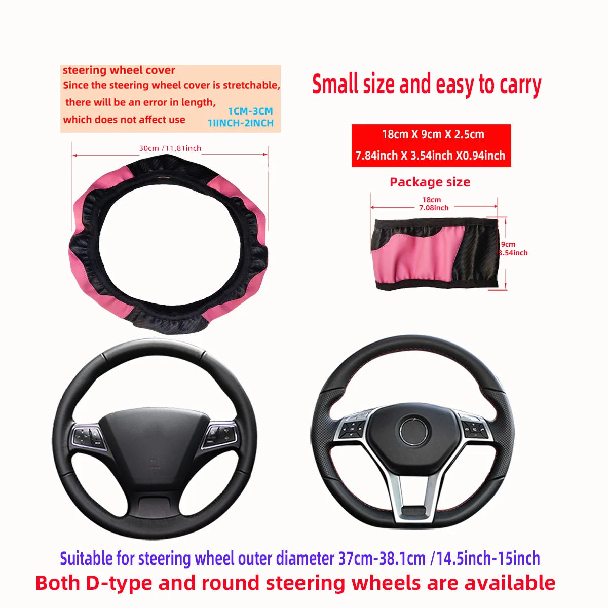 Steering wheel cover size: fits 37 to 38 cm (14.5 to 15 inch) wheels, D shape or round