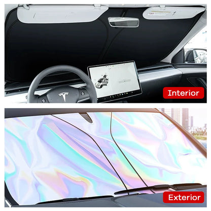 Windshield Sun Shade for Tesla Model 3 and Model Y, Highland and Juniper, 4-Layer Reflective Foldable Shade, Silver or Laser Finish