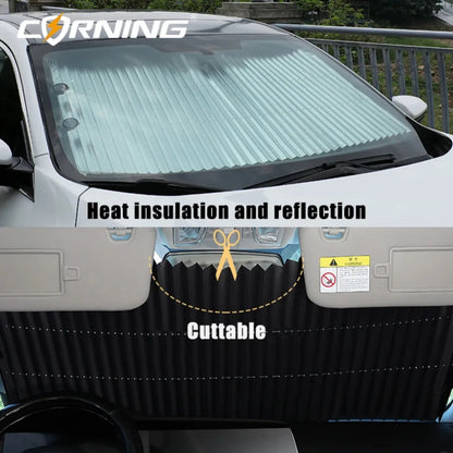 Retractable Windshield Sun Shade with Suction Cups, Pleated Pull-Out Reflective Sunshade for Front or Rear Window, 2 Sizes
