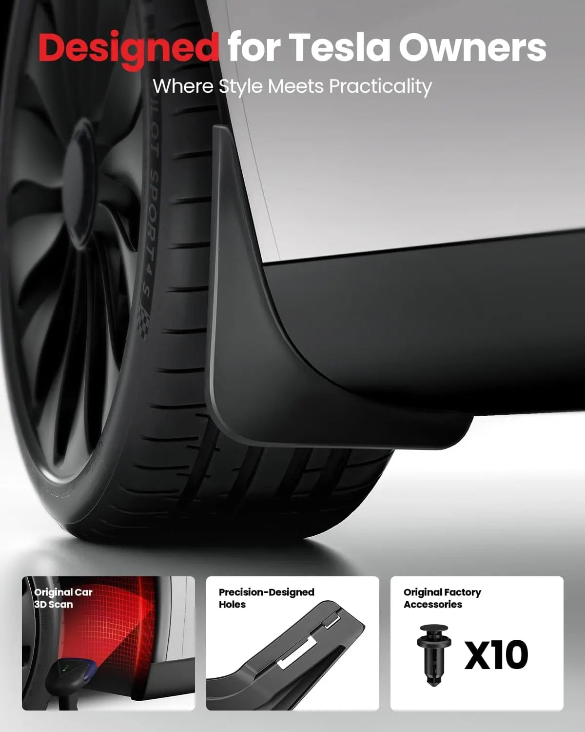 Mud Flaps for Tesla Model Y (2020-2024 or Juniper 2025-2026) and Model 3 (2019-2023 or Highland 2024-2025), TPE, No Drilling