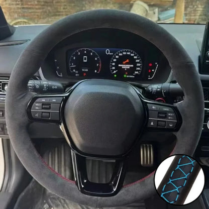 Steering Wheel Cover for Honda CR-V 2023 and Civic 2022-2023, Hand-Sewn Perforated Suede, Non-Slip Grip Sides, 7 Stitching Colors