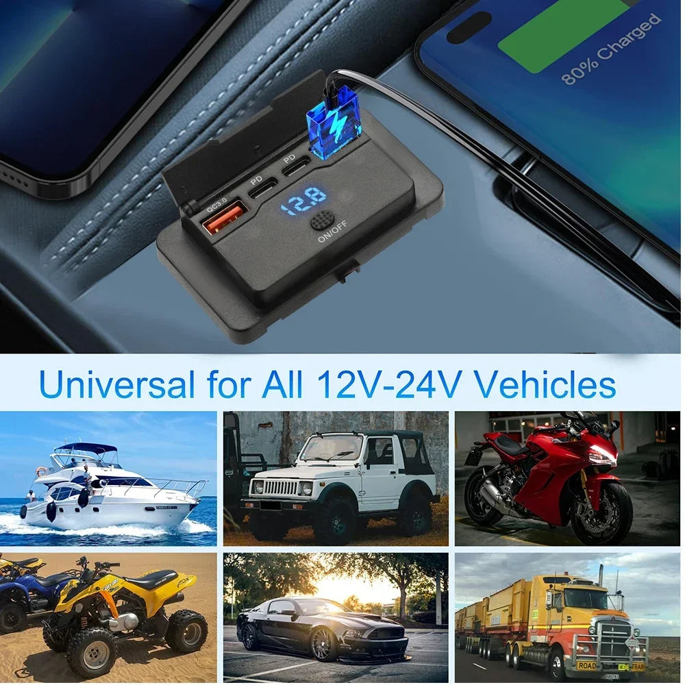 12V/24V USB Charger Socket Panel with Switch, Surface Mount Car Outlet with USB-C PD and QC3.0 Ports, for Cars, RVs, Boats and Trucks