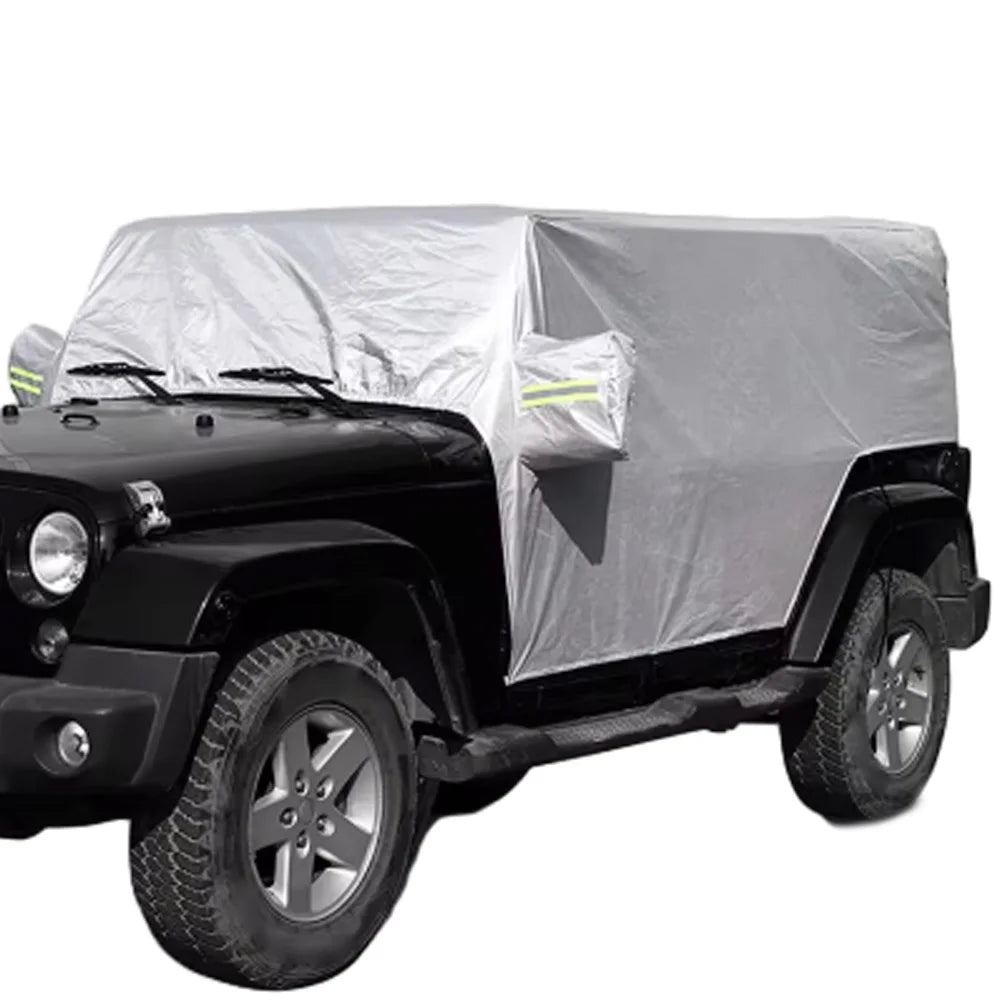 Half Car Cover for Jeep Wrangler 4-Door 2018-2021 (JL), 210T Polyester, Reflective Strips, Buckles and Storage Bag, Black or Silver